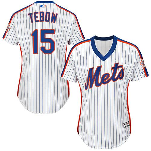 Mets #15 Tim Tebow White(Blue Strip) Alternate Women's Stitched MLB Jersey - Click Image to Close